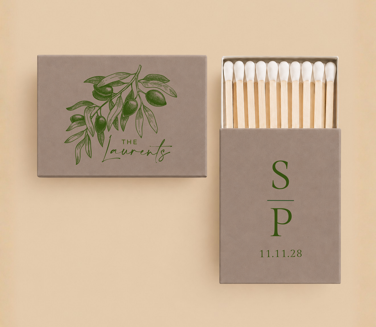 Personalized Mediterranean Olive Wedding Favor Matchboxes