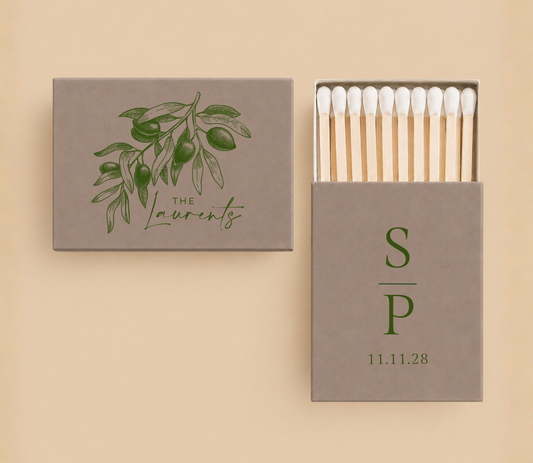 Personalized Mediterranean Olive Wedding Favor Matchboxes