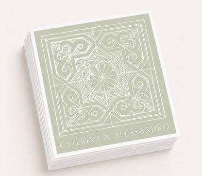 Sage green personalized wedding table napkin featuring an intricate Italian tile pattern, custom couple names Caterina and Alessandro, and premium paper construction.
Italian tile wedding table napkin featuring an ornate Mediterranean-inspired geometric design.
Personalized Mediterranean wedding table napkin with decorative tile artwork and custom names.