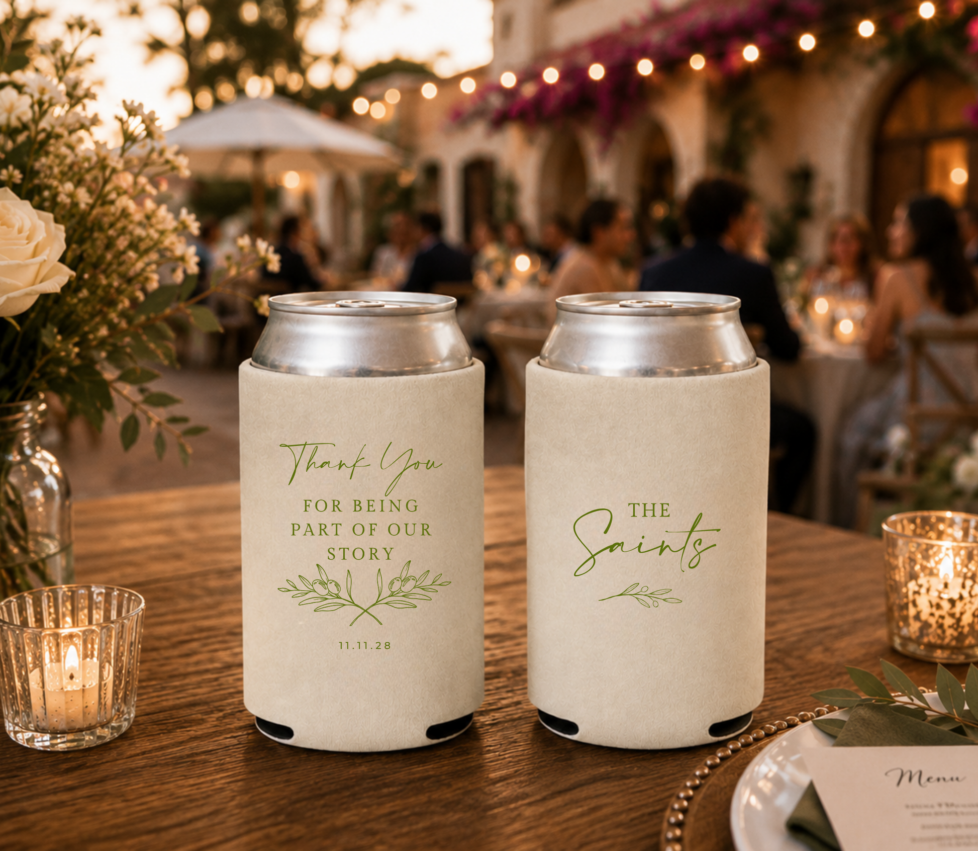 
Cream botanical wedding can cooler featuring an olive branch illustration and personalized family name.
