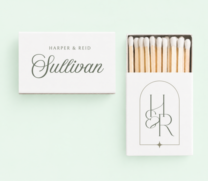Personalized monogram wedding matchboxes with custom names, wedding date, and black framed initials on white matchboxes