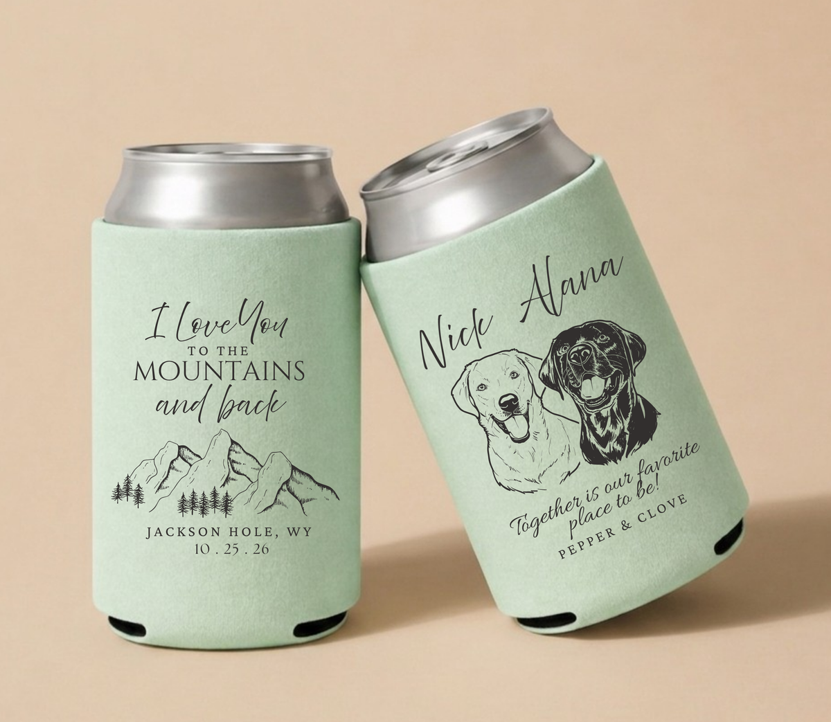 Forest green personalized wedding can coolers featuring scenic mountain artwork, custom dog portraits, couple names, wedding location, and wedding date.
