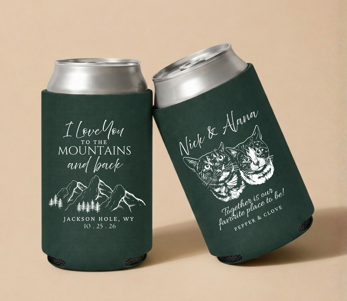 Dark green personalized wedding can coolers featuring custom cat portraits, mountain artwork, couple names, wedding location, and wedding date.
