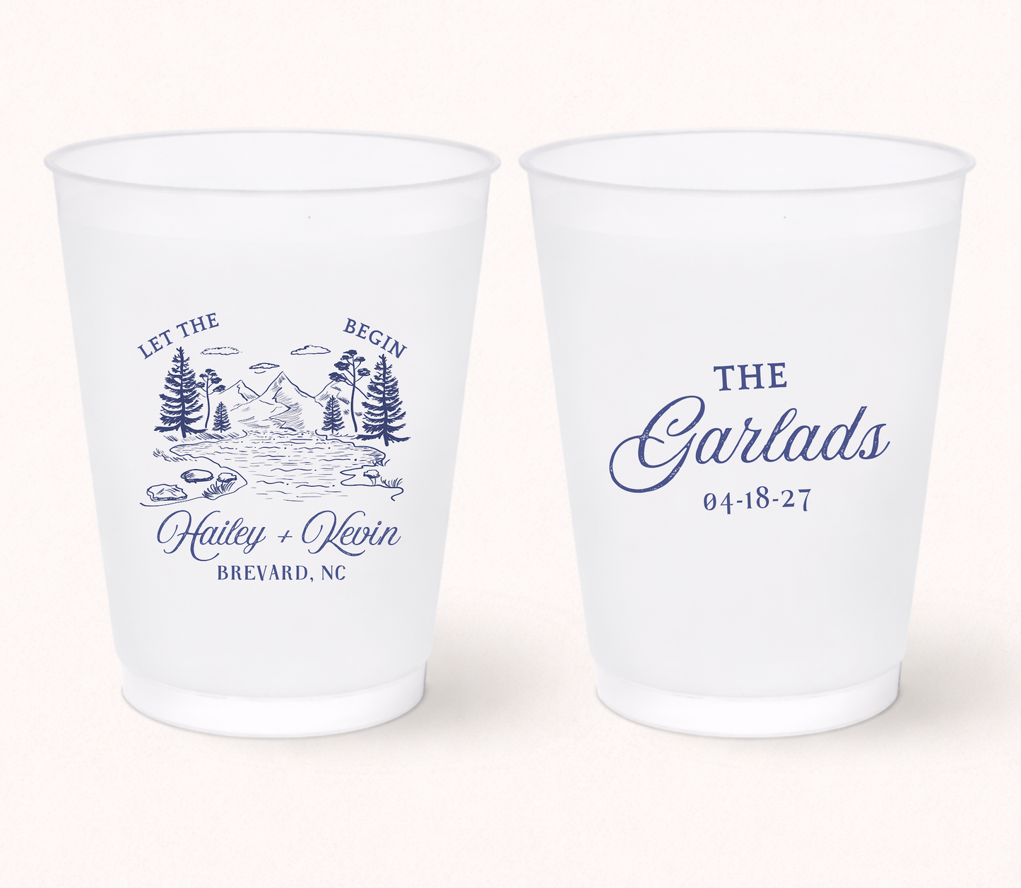 Custom mountain wedding frosted cups
Personalized outdoor wedding cups
Forest landscape wedding favor
Mountain wedding cups with names and date