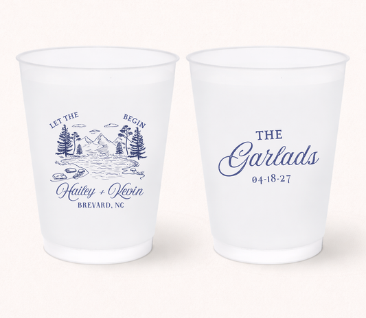 Custom mountain wedding frosted cups
Personalized outdoor wedding cups
Forest landscape wedding favor
Mountain wedding cups with names and date