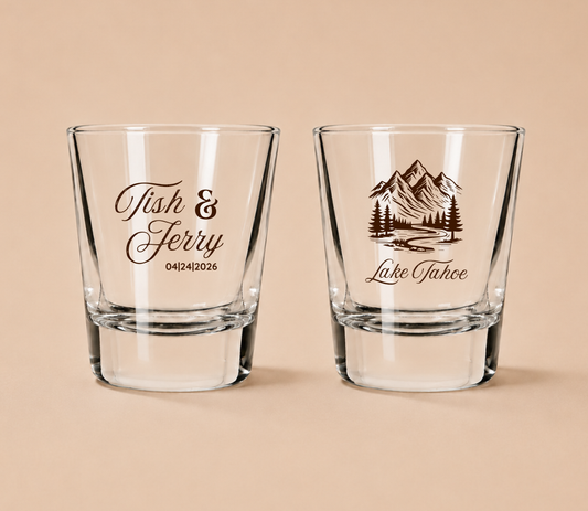 Personalized Mountain and Lake Wedding Shot Glasses