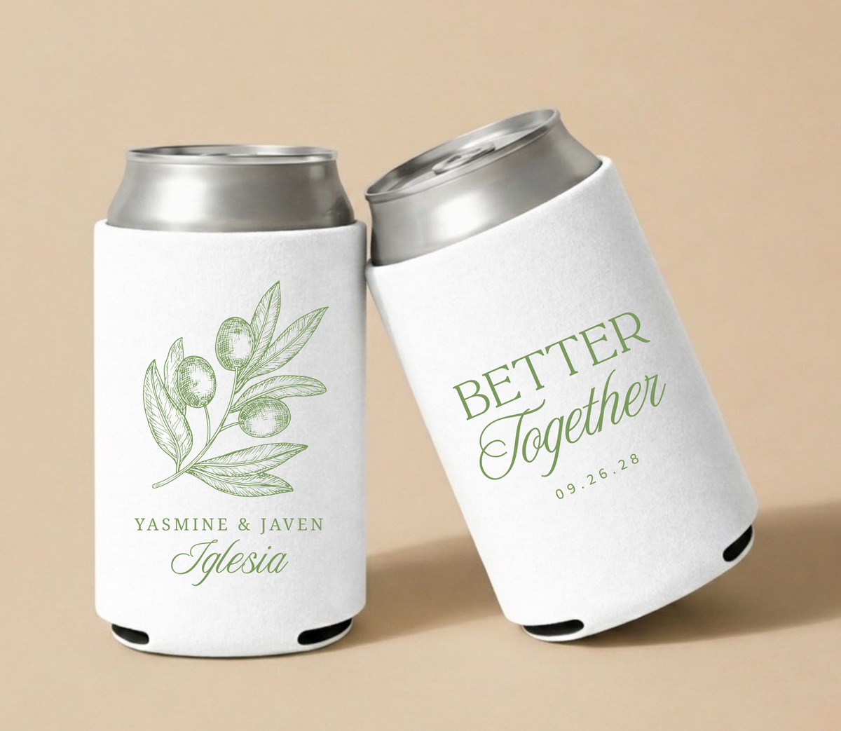 White personalized wedding can coolers featuring an elegant olive branch illustration, couple names Yasmine and Javen, family name Iglesia, and wedding date.


