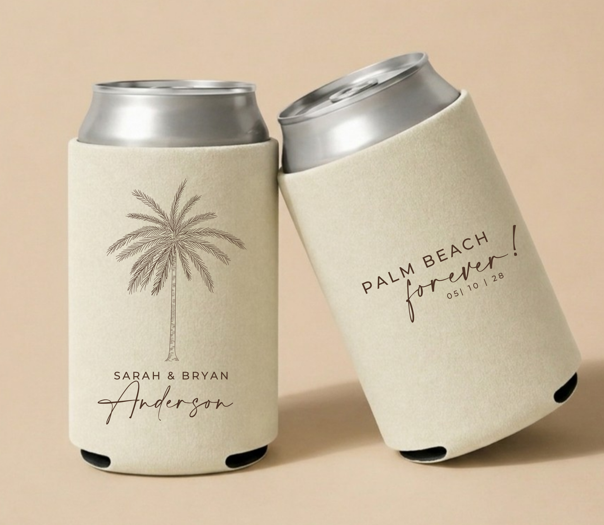 Custom coastal wedding can coolers with palm beach wording, couple names, wedding date, and palm tree artwork