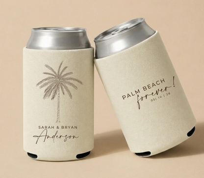 Custom coastal wedding can coolers with palm beach wording, couple names, wedding date, and palm tree artwork