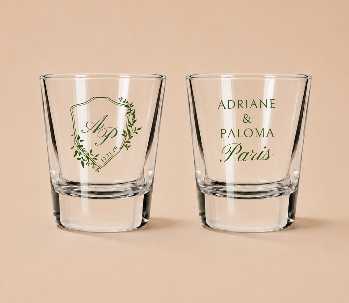 Personalized Paris Crest Wedding Shot Glasses