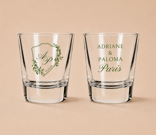 Personalized Paris Crest Wedding Shot Glasses