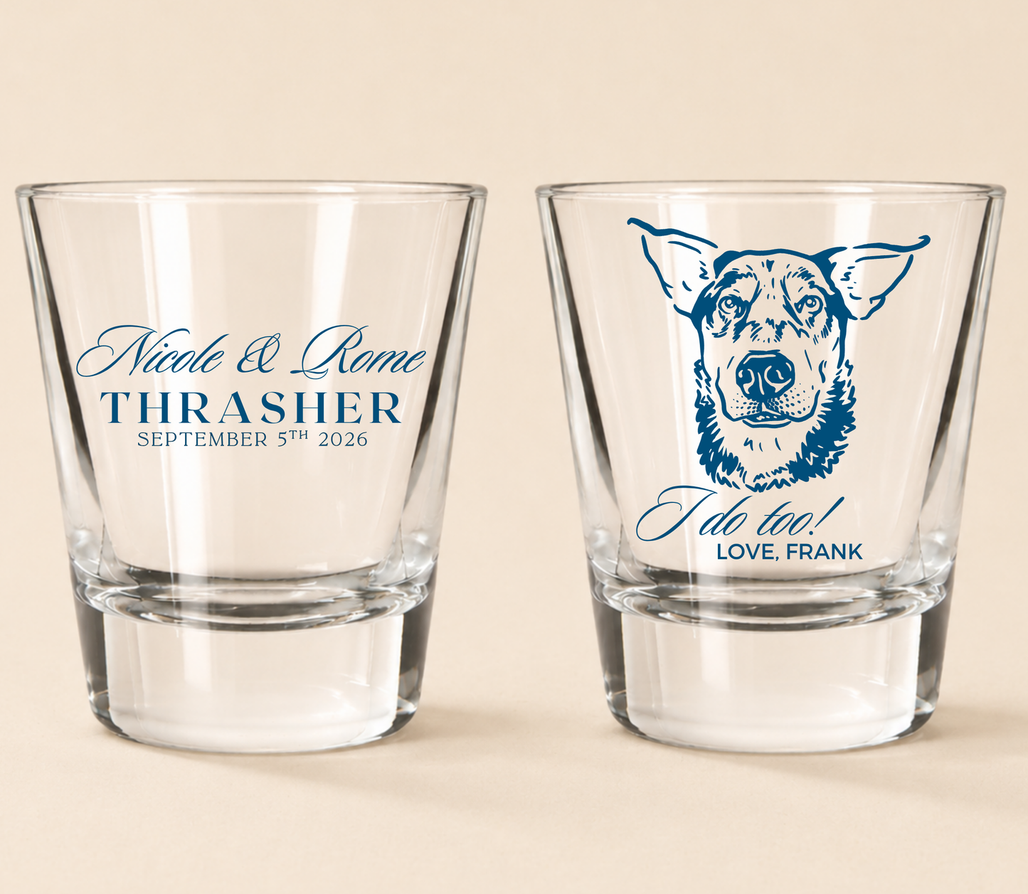 Custom dog portrait wedding shot glasses with personalized couple names, pet name, and wedding date
