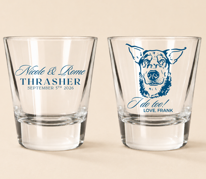 Custom dog portrait wedding shot glasses with personalized couple names, pet name, and wedding date
