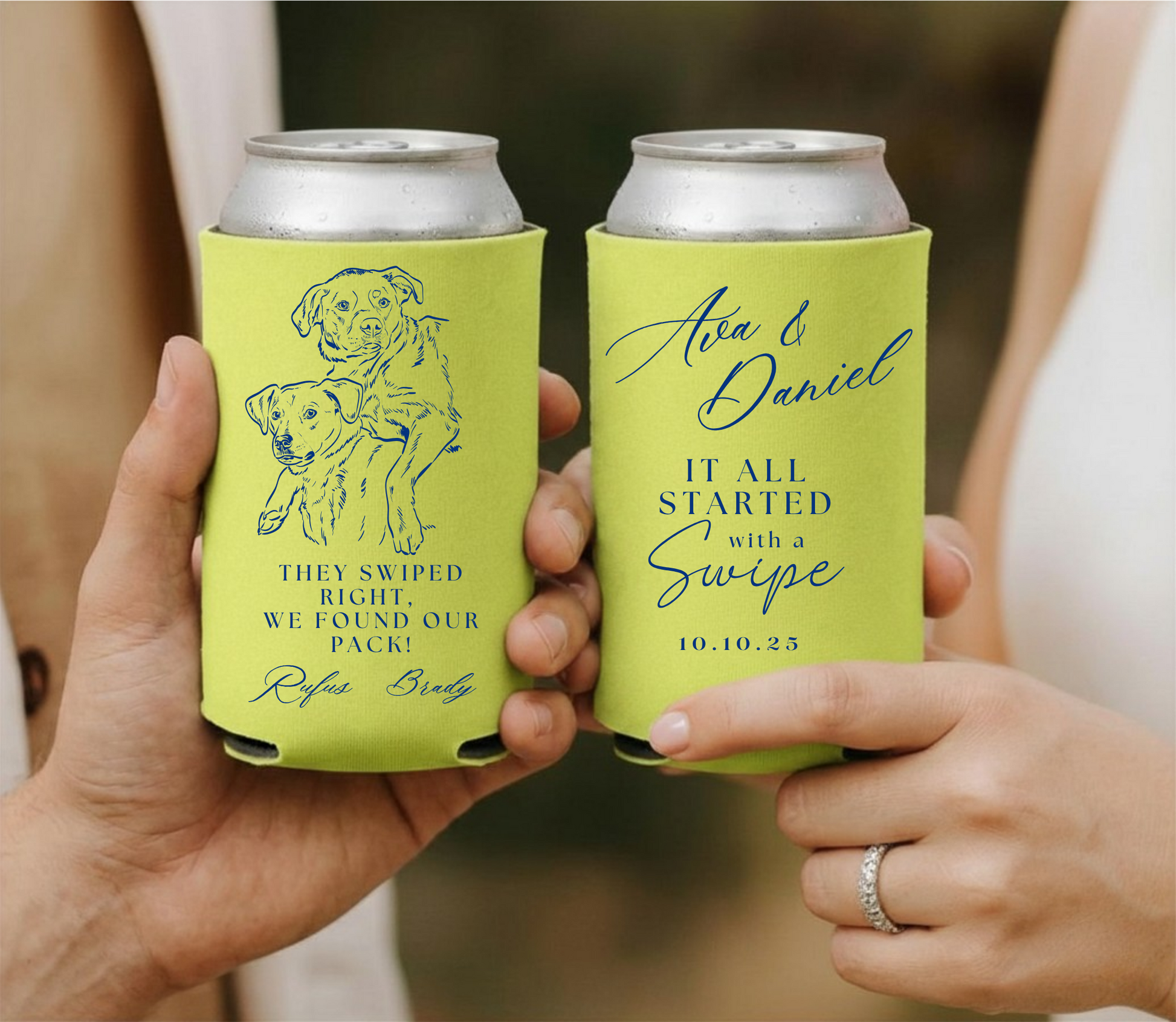 Personalized pet wedding can coolers with Navy custom dog portrait artwork where one dog is on the other back on lime green drink sleeves for unique wedding favors