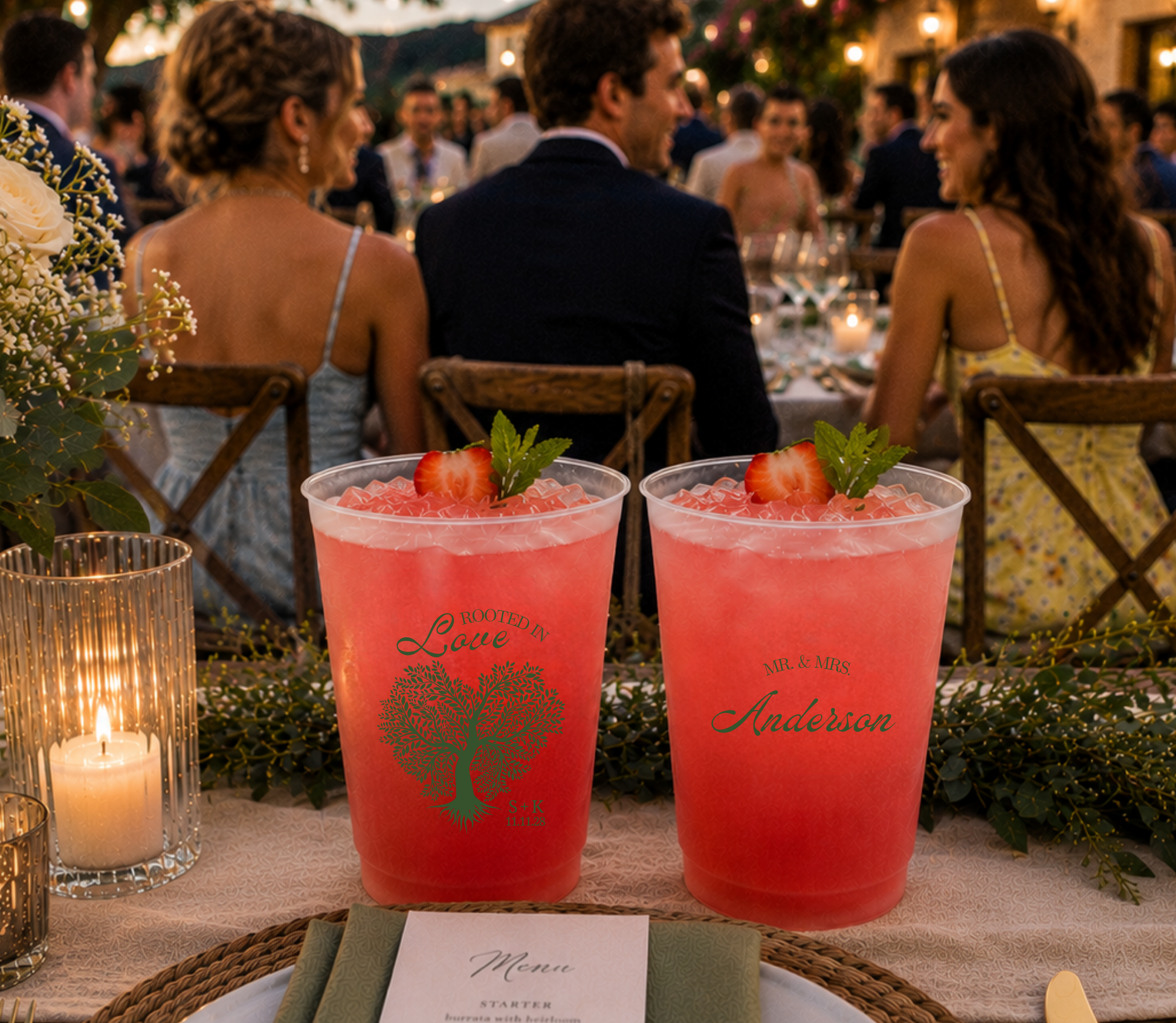 
Botanical wedding cup featuring a personalized family surname and tree illustration.

