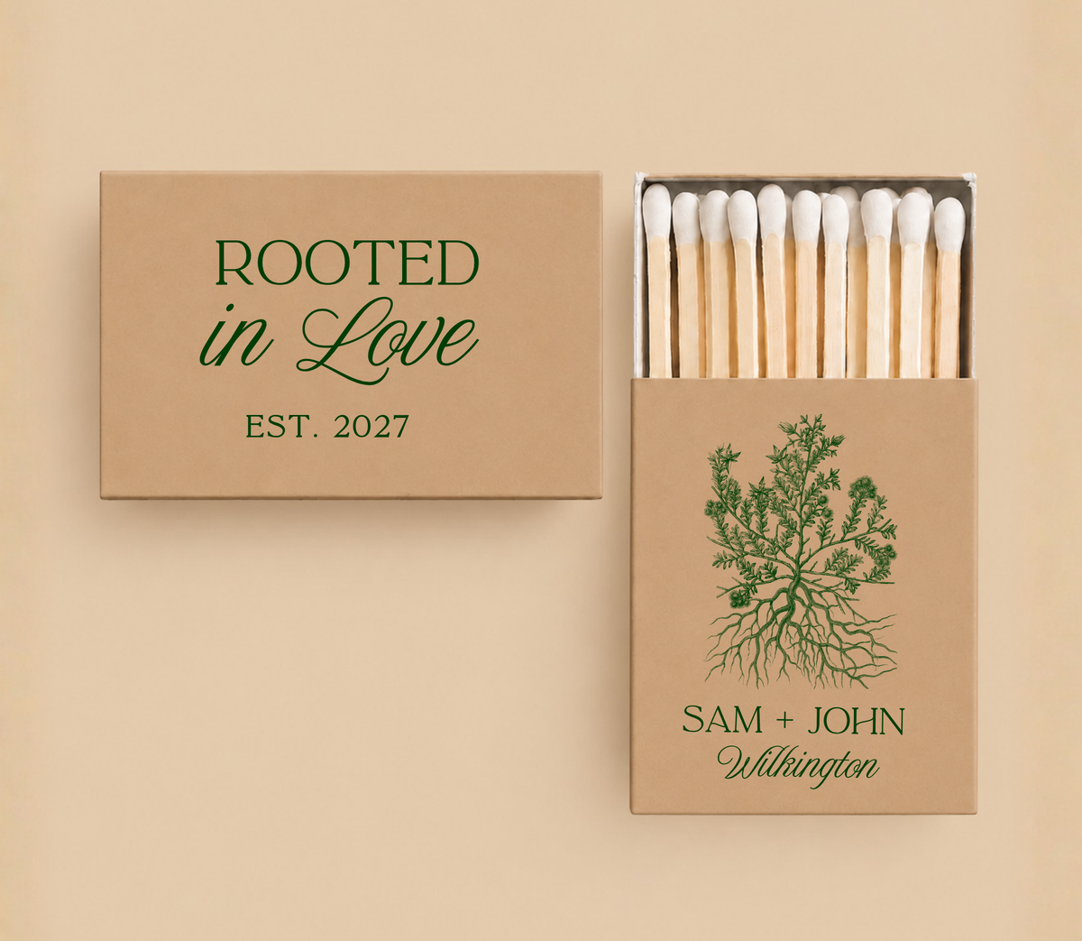 Personalized Rooted in Love Wedding Matchboxes