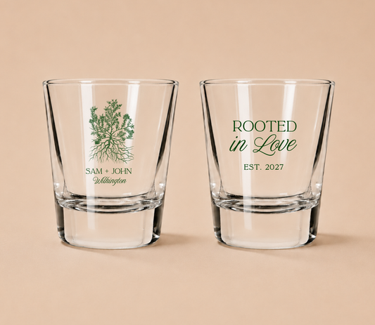 Personalized Rooted in Love Wedding Shot Glasses