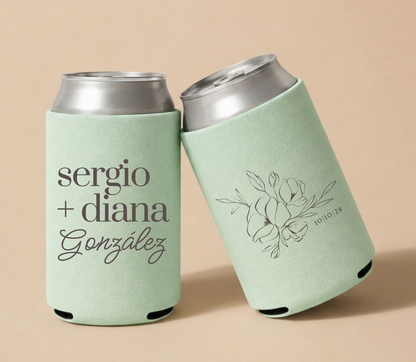 Personalized Sage Green Floral Wedding Can Coolers