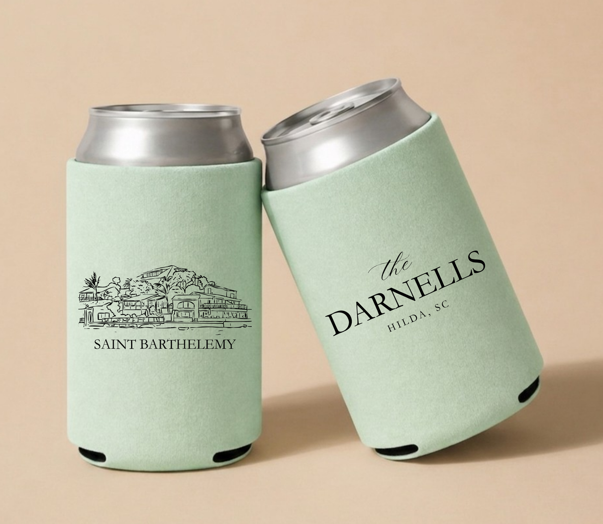Mint green personalized wedding can coolers featuring a Saint Barthélemy destination illustration with custom family name for a luxury beach wedding.
