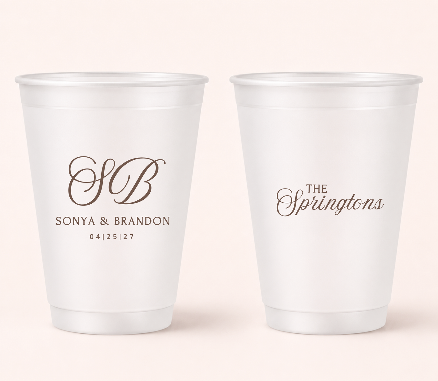 Personalized frosted wedding cups with elegant brown script design for signature cocktails and wedding favors