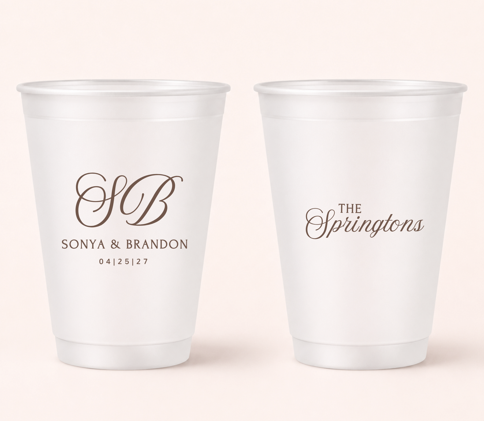 Personalized frosted wedding cups with elegant brown script design for signature cocktails and wedding favors