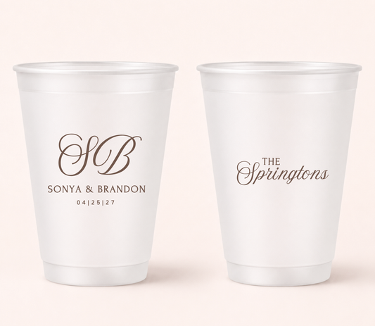 Personalized frosted wedding cups with elegant brown script design for signature cocktails and wedding favors