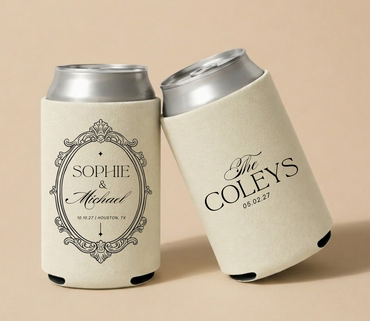 Personalized signature wedding can coolers with black ornate frame design on beige drink sleeves for elegant wedding favors
