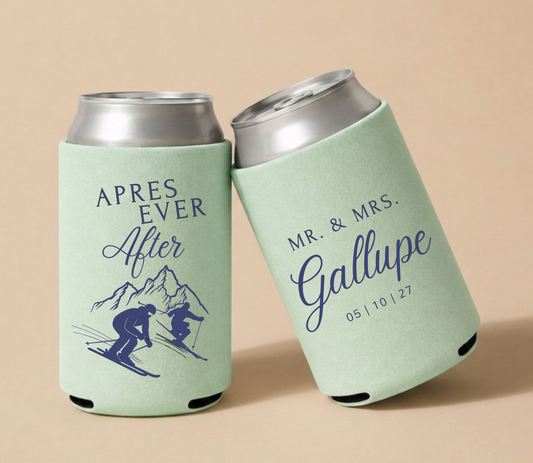 Mint green personalized ski wedding can coolers featuring custom family name, wedding date, and après-ski mountain artwork with skiing couple illustration.

