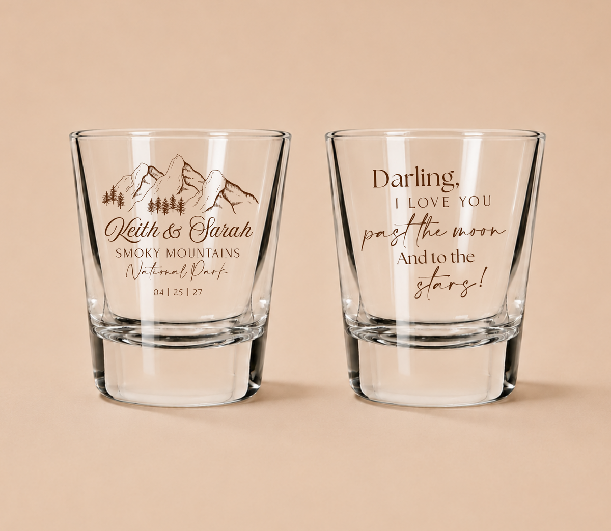 Personalized Smoky Mountain Wedding Shot Glasses