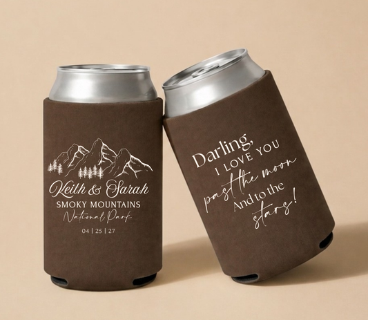 Brown personalized wedding can coolers featuring Smoky Mountains artwork, custom names Keith and Sarah, Smoky Mountains National Park, and wedding date.
