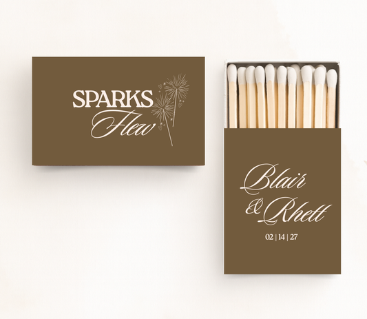 Custom wedding matchboxes with Sparks Fly wording, personalized names, wedding date, and white firework design