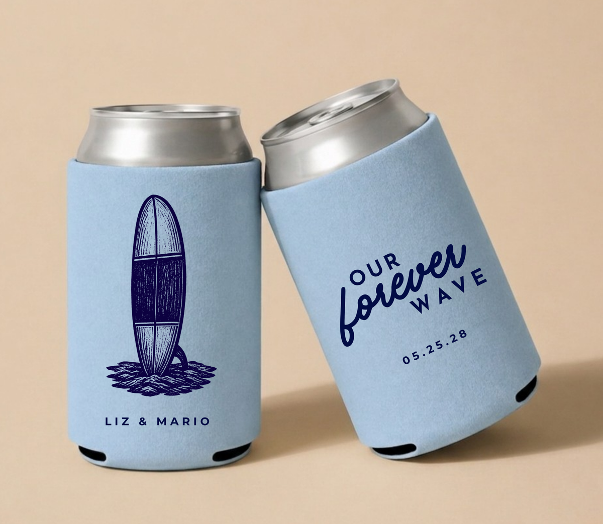 Light blue personalized wedding can coolers featuring a vintage surfboard illustration, custom couple names, and Our Forever Wave wedding design.

Personalized surf wedding can cooler with vintage surfboard illustration.

Custom beach wedding drink sleeve featuring a surfboard design.
