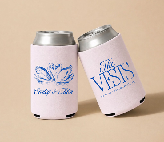 Personalized swan wedding can coolers with blue swan artwork on blush pink drink sleeves for romantic wedding favors