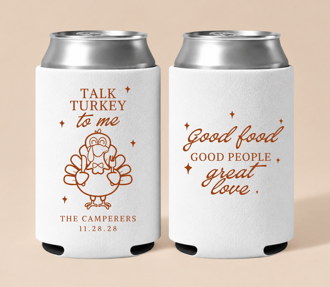Personalized white Thanksgiving wedding can coolers featuring a turkey illustration, custom couple names, wedding date, and “Talk Turkey to Me” wording.