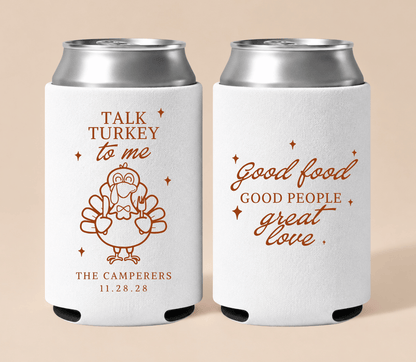 Personalized white Thanksgiving wedding can coolers featuring a turkey illustration, custom couple names, wedding date, and “Talk Turkey to Me” wording.