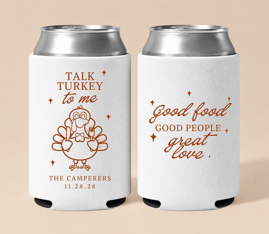 Personalized white Thanksgiving wedding can coolers featuring a turkey illustration, custom couple names, wedding date, and “Talk Turkey to Me” wording.