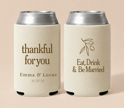 Personalized Thanksgiving wedding can coolers featuring “thankful for you” wording, custom couple names, wedding date, and a botanical branch design.