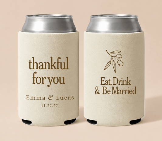 Personalized Thanksgiving wedding can coolers featuring “thankful for you” wording, custom couple names, wedding date, and a botanical branch design.