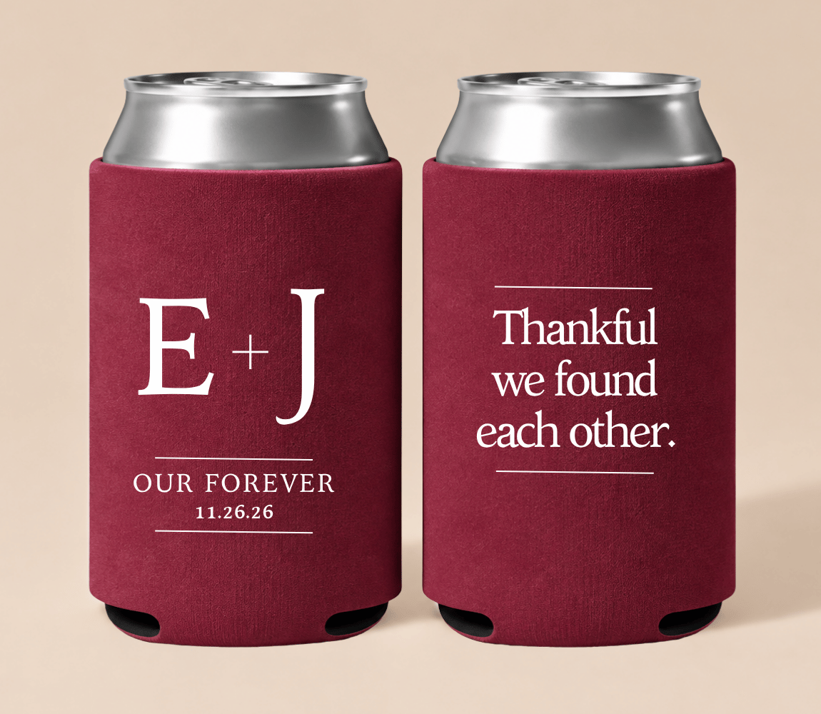 Personalized Thanksgiving wedding can coolers featuring custom couple initials, “Thankful we found each other” wording, wedding date, and burgundy typography.