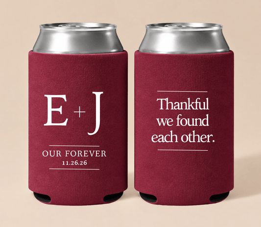 Personalized Thanksgiving wedding can coolers featuring custom couple initials, “Thankful we found each other” wording, wedding date, and burgundy typography.