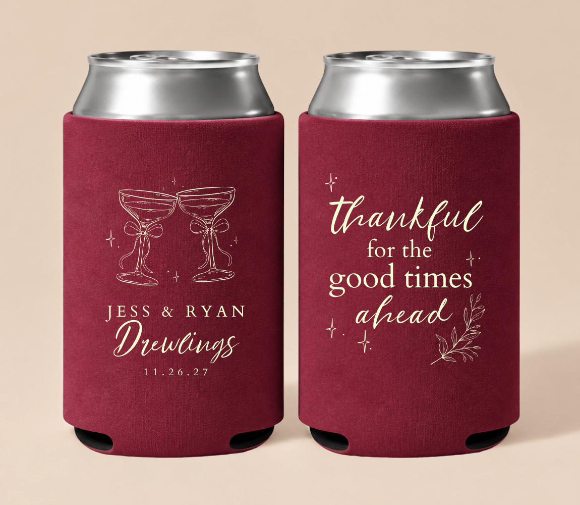 Personalized burgundy Thanksgiving wedding can coolers featuring champagne glasses, custom couple names, wedding date, and thankful wedding wording.