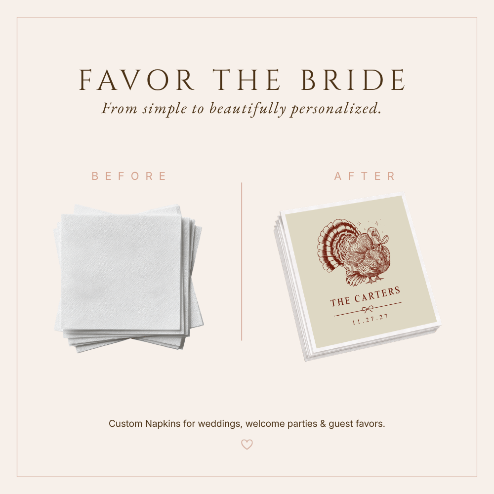 Elegant autumn wedding table napkins featuring vintage Thanksgiving artwork and personalized wedding details.