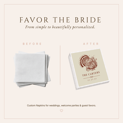 Elegant autumn wedding table napkins featuring vintage Thanksgiving artwork and personalized wedding details.