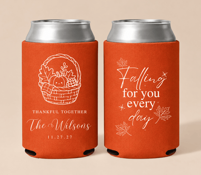 Personalized Thanksgiving wedding can coolers featuring a playful turkey illustration, family name, wedding date, and Thanksgiving-inspired sayings.
