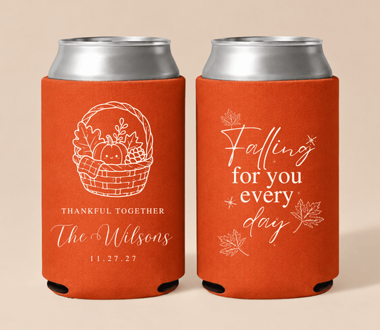 Personalized Thanksgiving wedding can coolers featuring a playful turkey illustration, family name, wedding date, and Thanksgiving-inspired sayings.