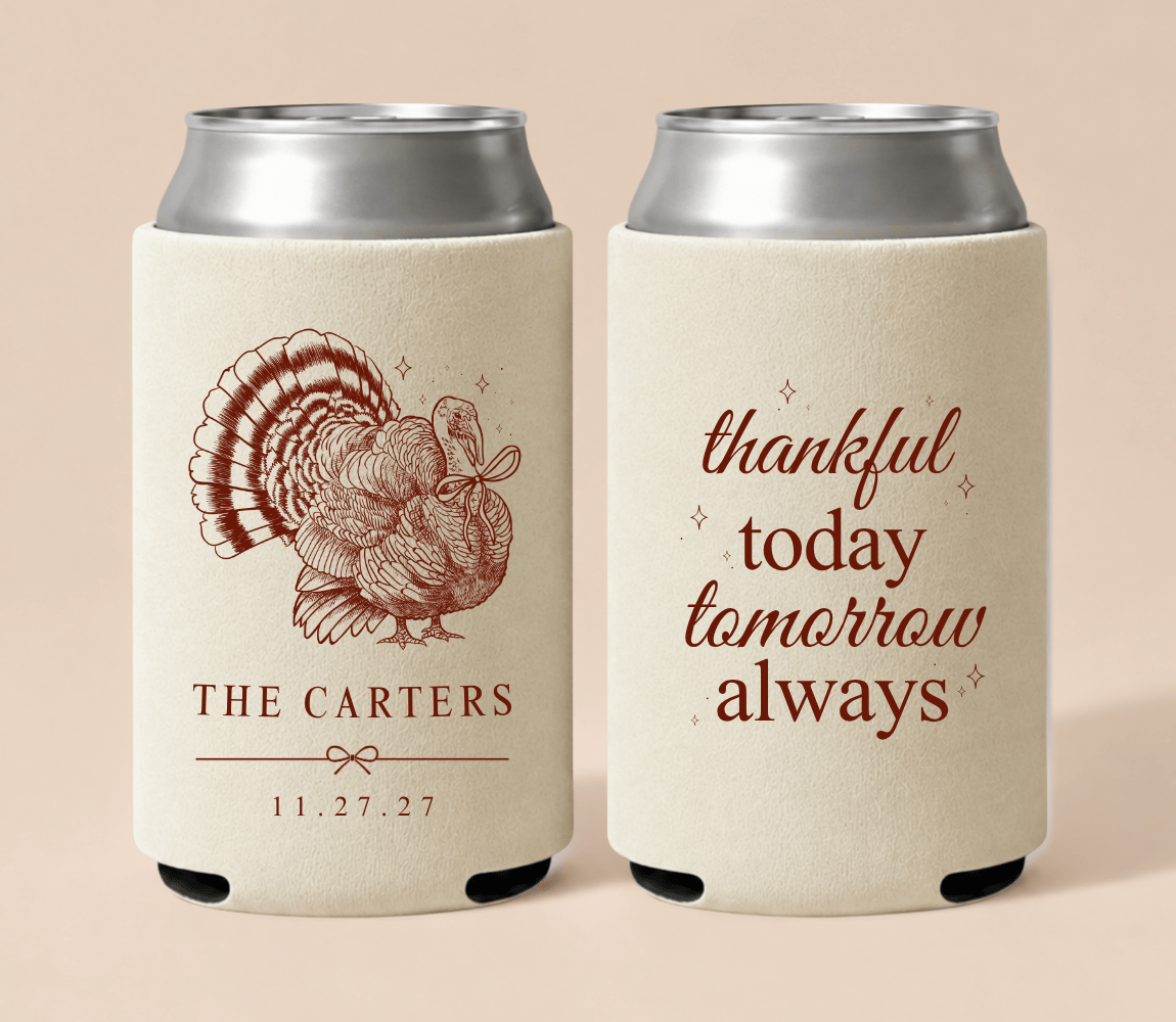 Personalized Thanksgiving wedding can coolers featuring a detailed turkey illustration, family name, wedding date, and Thanksgiving-inspired wording.