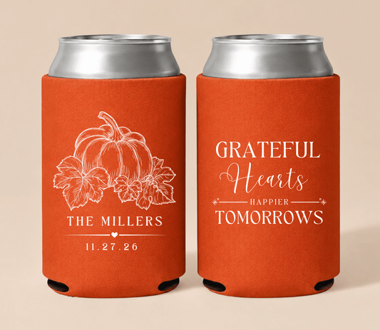 Personalized Pumpkin Thanksgiving wedding can coolers in burnt orange featuring elegant pumpkin artwork, custom family name, wedding date, and grateful hearts message.