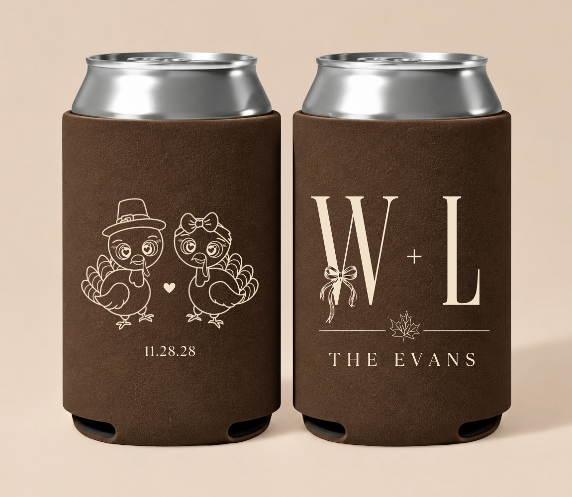 Personalized Turkey Thanksgiving wedding can coolers with custom initials, family name, wedding date, and adorable turkey couple design.