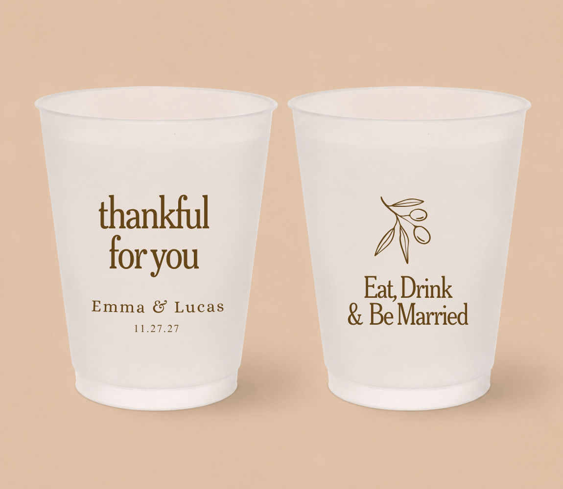 Minimalist olive branch Thanksgiving wedding frosted cups