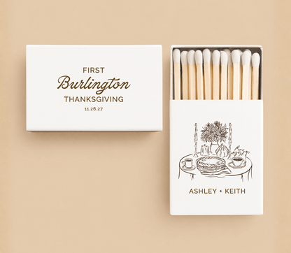 Personalized Burlington Thanksgiving wedding matchboxes with autumn table illustration
